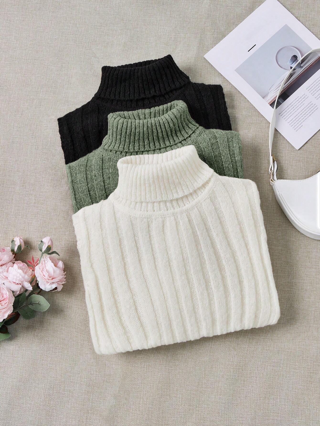 LUNE 3pcs/Set Turtleneck Ribbed Fashionable All - Match Pullover Sweaters For Women - Negative Apparel