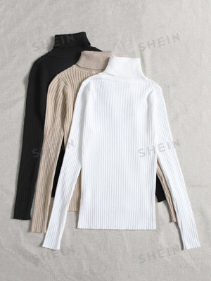 LUNE 3pcs/Set Turtleneck Ribbed Fashionable All - Match Pullover Sweaters - Negative Apparel