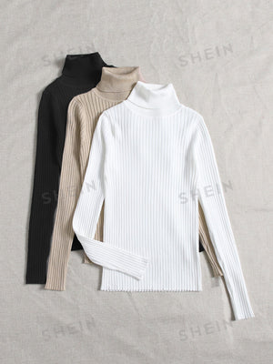 LUNE 3pcs/Set Turtleneck Ribbed Fashionable All - Match Pullover Sweaters - Negative Apparel