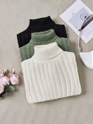 LUNE 3pcs/Set Turtleneck Ribbed Fashionable All - Match Pullover Sweaters - Negative Apparel