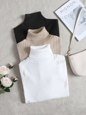 LUNE 3pcs/Set Turtleneck Ribbed Fashionable All - Match Pullover Sweaters - Negative Apparel