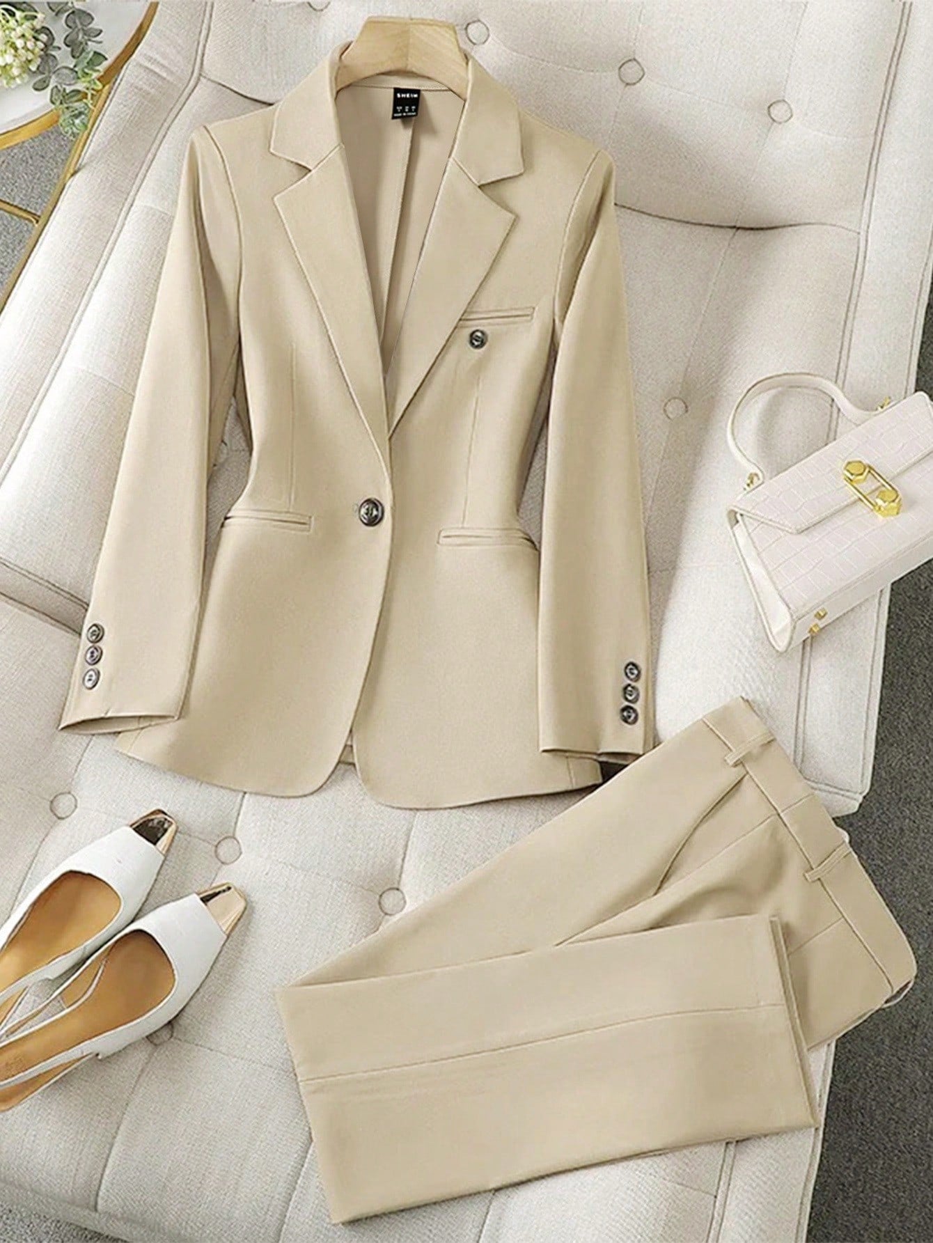夏 Cool Double Jacket Semi-Wide Slacks Two-Piece Setl (2色) 2024 Spring/Fall New Pink Retro Design Casual Suit for Women