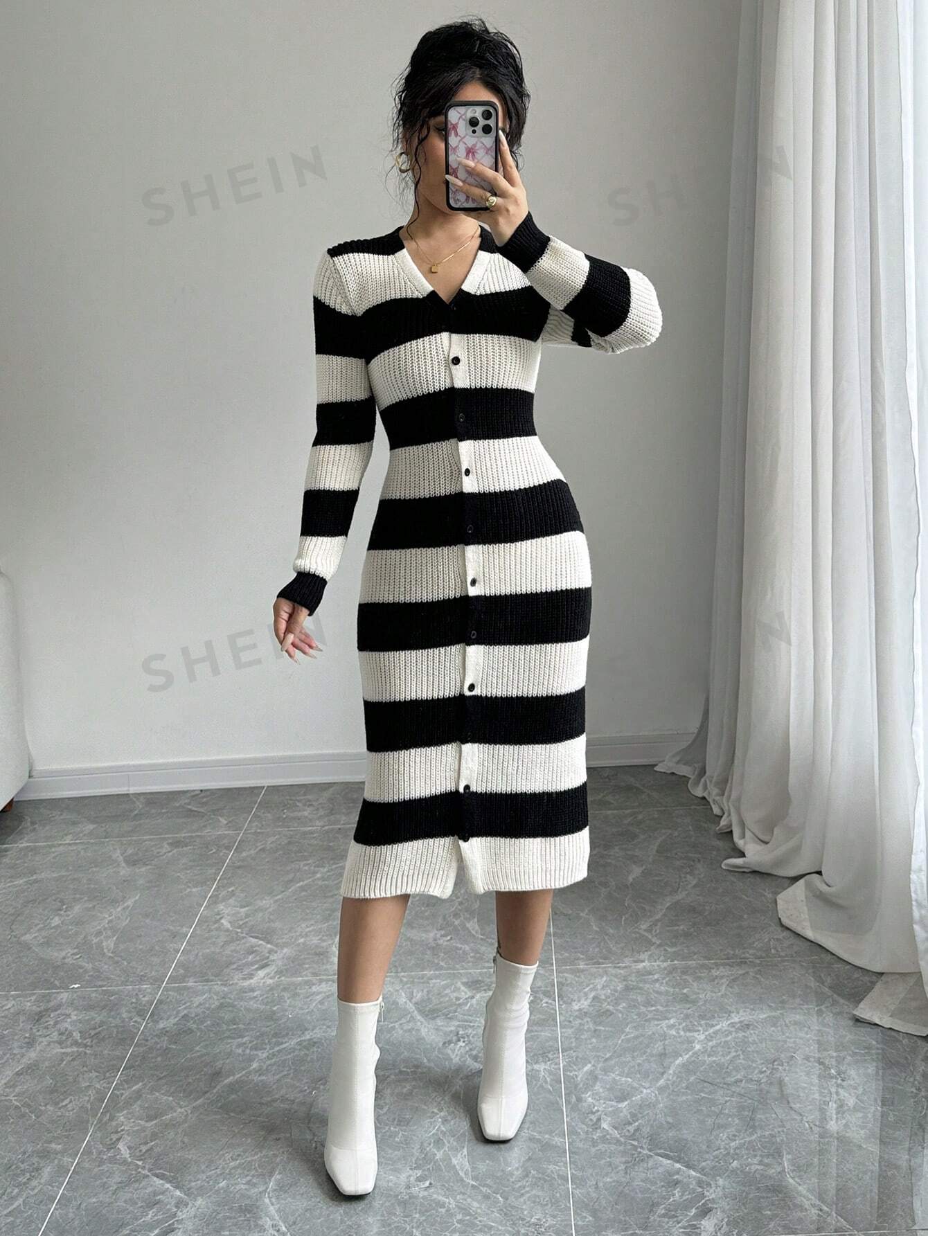 LUNE Women's V - Neck Button Striped Long Sleeve Fitted Charming Sweater Dress - Negative Apparel