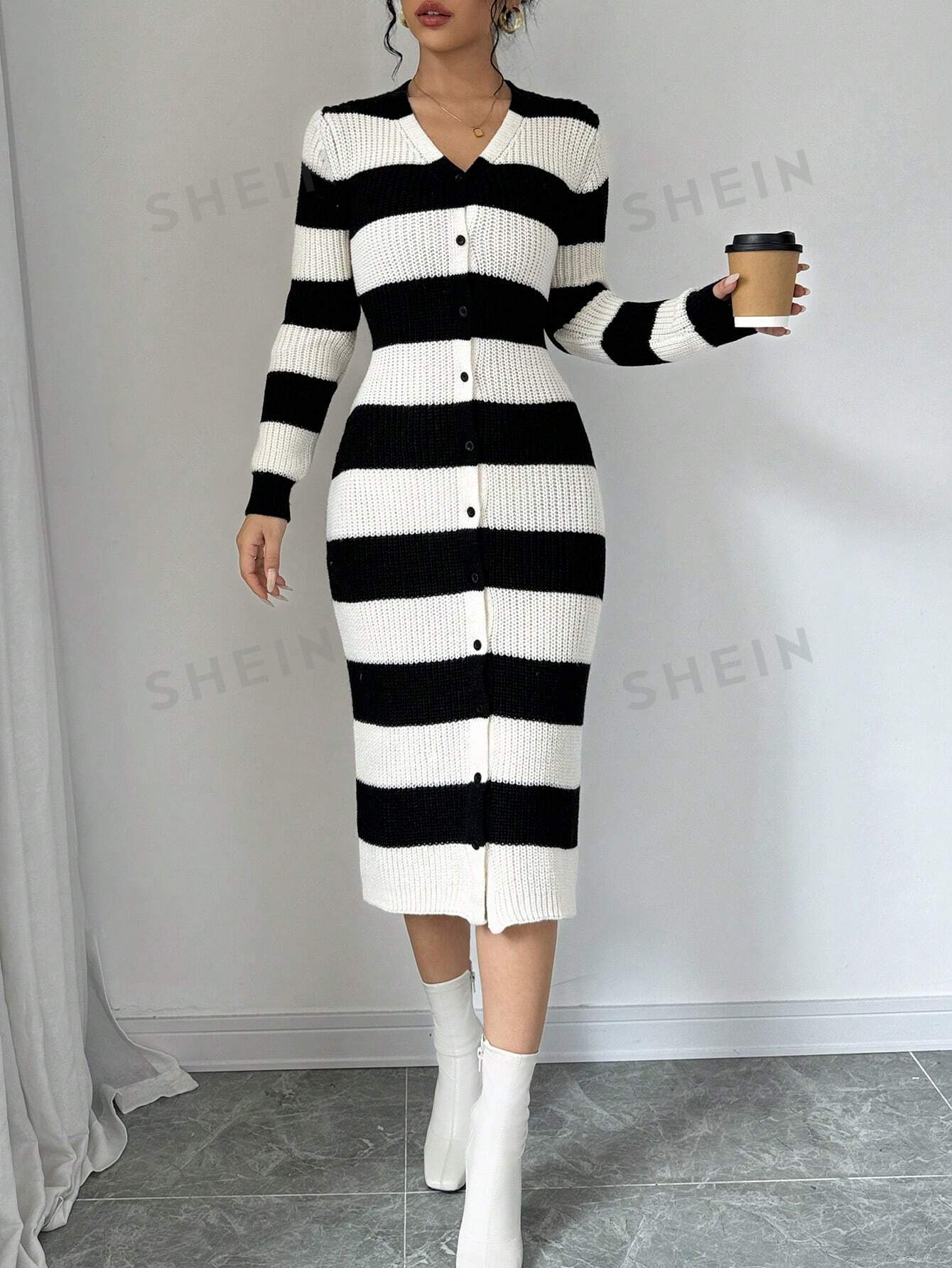 LUNE Women's V - Neck Button Striped Long Sleeve Fitted Charming Sweater Dress - Negative Apparel