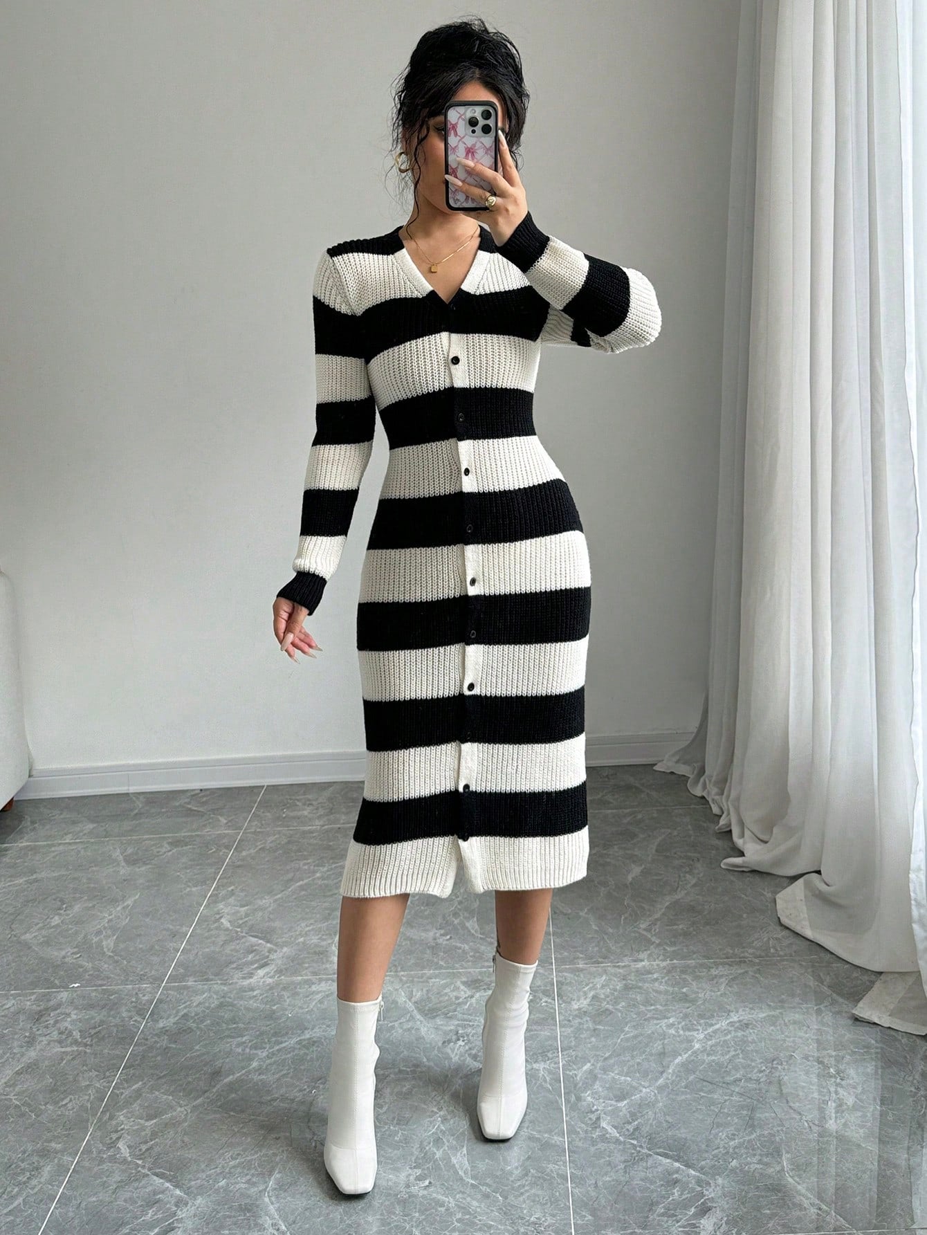 LUNE Women's V - Neck Button Striped Long Sleeve Fitted Charming Sweater Dress - Negative Apparel