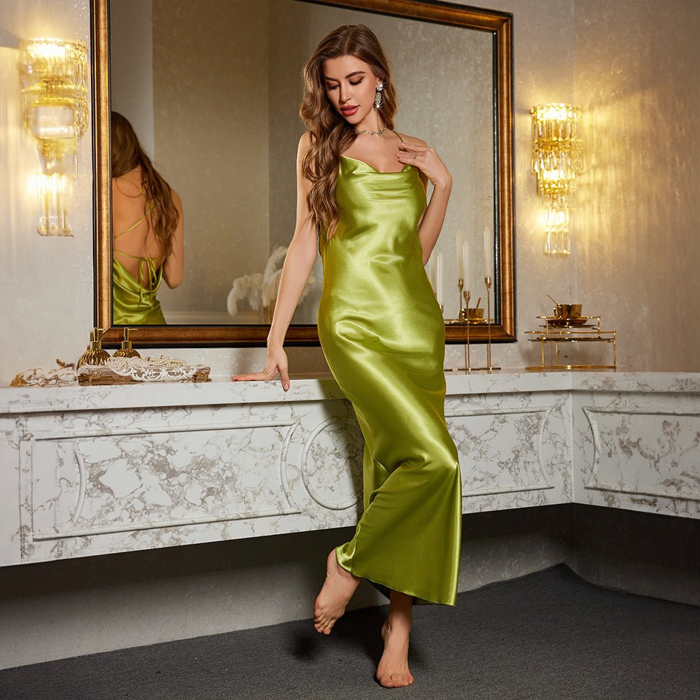 luxury midnightnew ice silk pajamas women's spring and summer sexy backless long nightdress CQ22153 - Negative Apparel