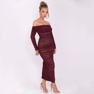 Mesh one - shoulder pleated dress women's slim long - sleeved hip - wrapped long dress - Negative Apparel