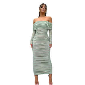 Mesh one - shoulder pleated dress women's slim long - sleeved hip - wrapped long dress - Negative Apparel