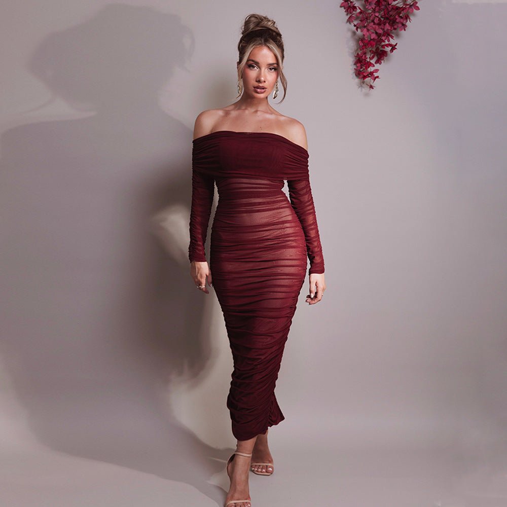 Mesh one - shoulder pleated dress women's slim long - sleeved hip - wrapped long dress - Negative Apparel