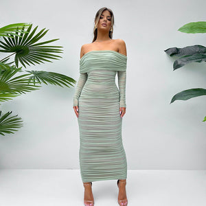 Mesh one - shoulder pleated dress women's slim long - sleeved hip - wrapped long dress - Negative Apparel