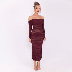 Mesh one - shoulder pleated dress women's slim long - sleeved hip - wrapped long dress - Negative Apparel