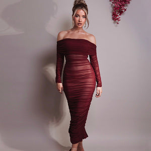 Mesh one - shoulder pleated dress women's slim long - sleeved hip - wrapped long dress - Negative Apparel