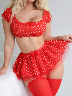 Mesh perspective one shoulder polka dot three - piece lingerie set - Negative Apparel