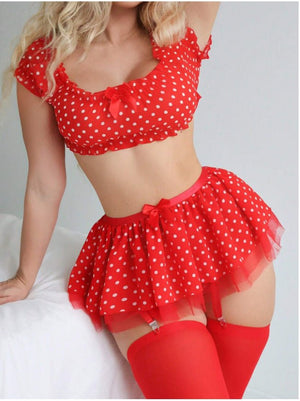 Mesh perspective one shoulder polka dot three - piece lingerie set - Negative Apparel