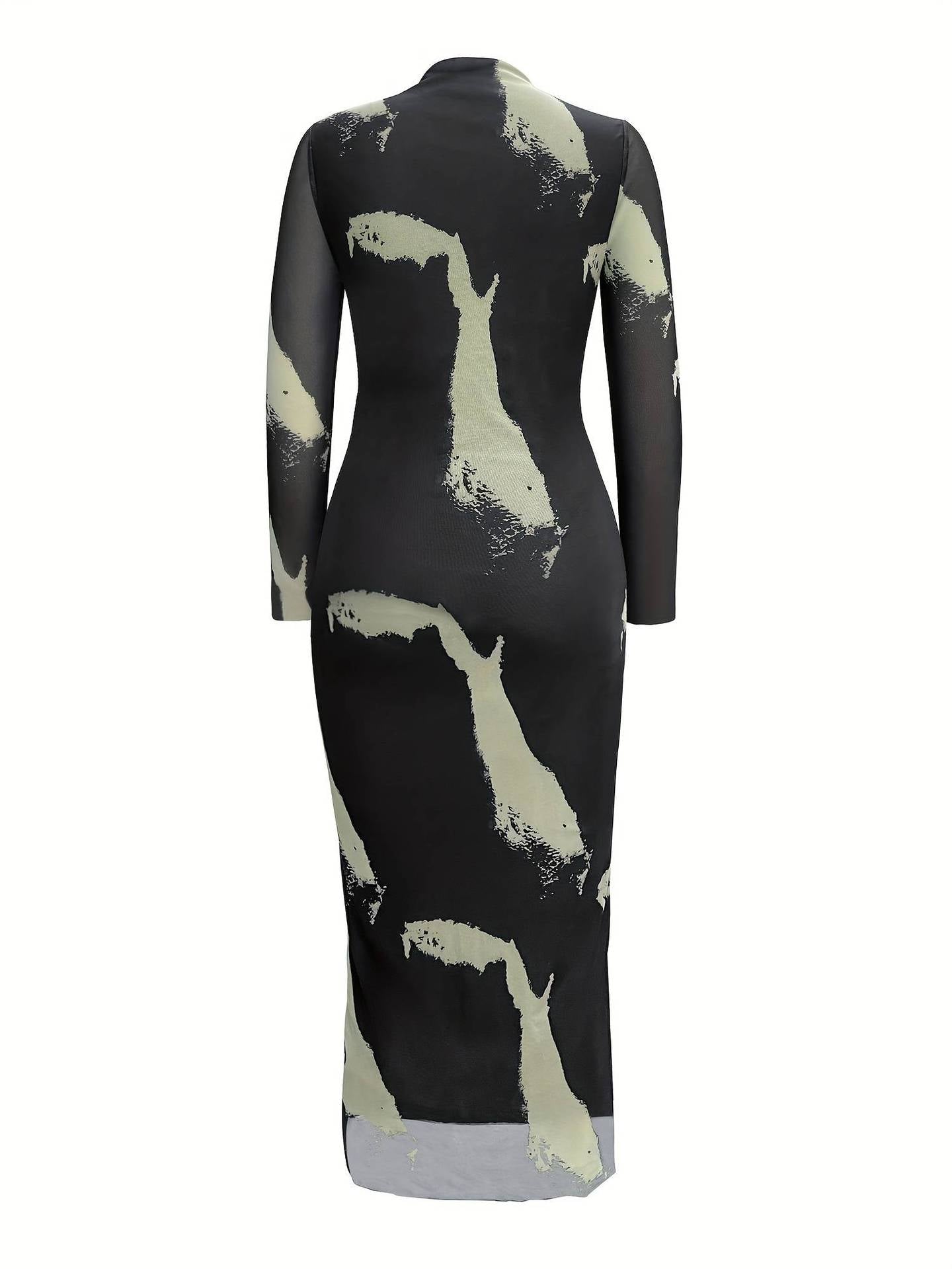 Mesh printing tie - dye sexy tight - fitting slit round neck new dress - Negative Apparel