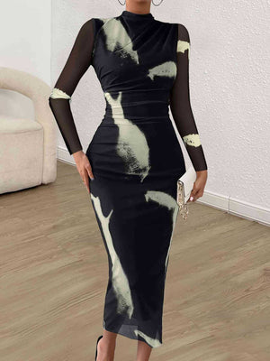 Mesh printing tie - dye sexy tight - fitting slit round neck new dress - Negative Apparel