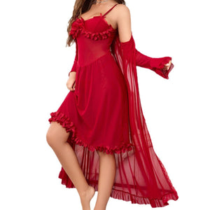 Mesh see - through trumpet sleeve long nightgown - Negative Apparel