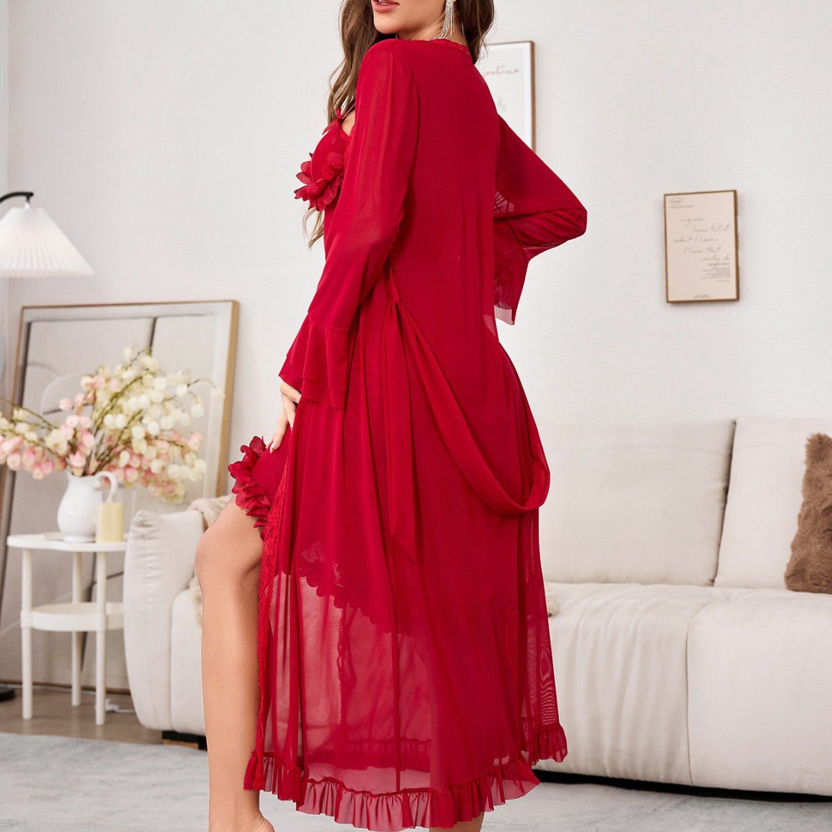 Mesh see - through trumpet sleeve long nightgown - Negative Apparel