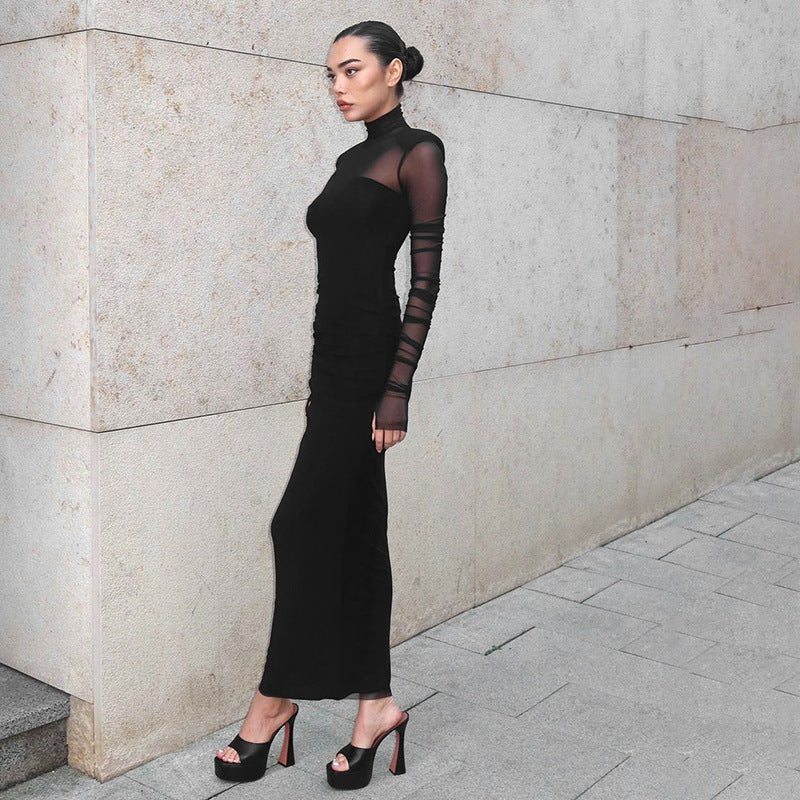 Mesh splicing finger sleeve long sleeve high collar slim bodycon long dress - Negative Apparel
