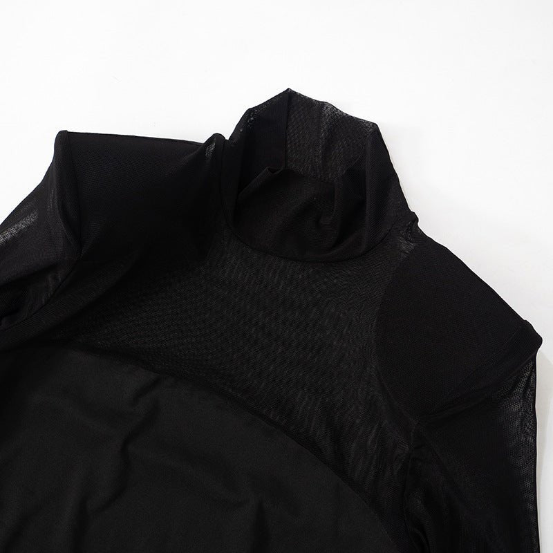 Mesh splicing finger sleeve long sleeve high collar slim bodycon long dress - Negative Apparel