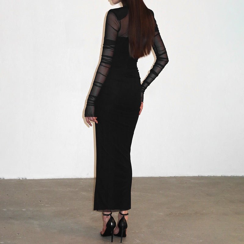 Mesh splicing finger sleeve long sleeve high collar slim bodycon long dress - Negative Apparel