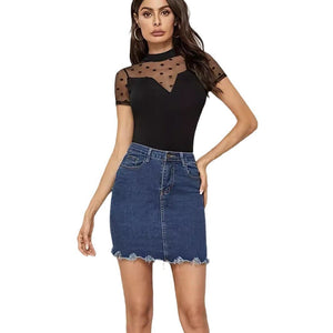 Mesh splicing small stand - up collar short - sleeved new T-shirt slim tops for women - Negative Apparel
