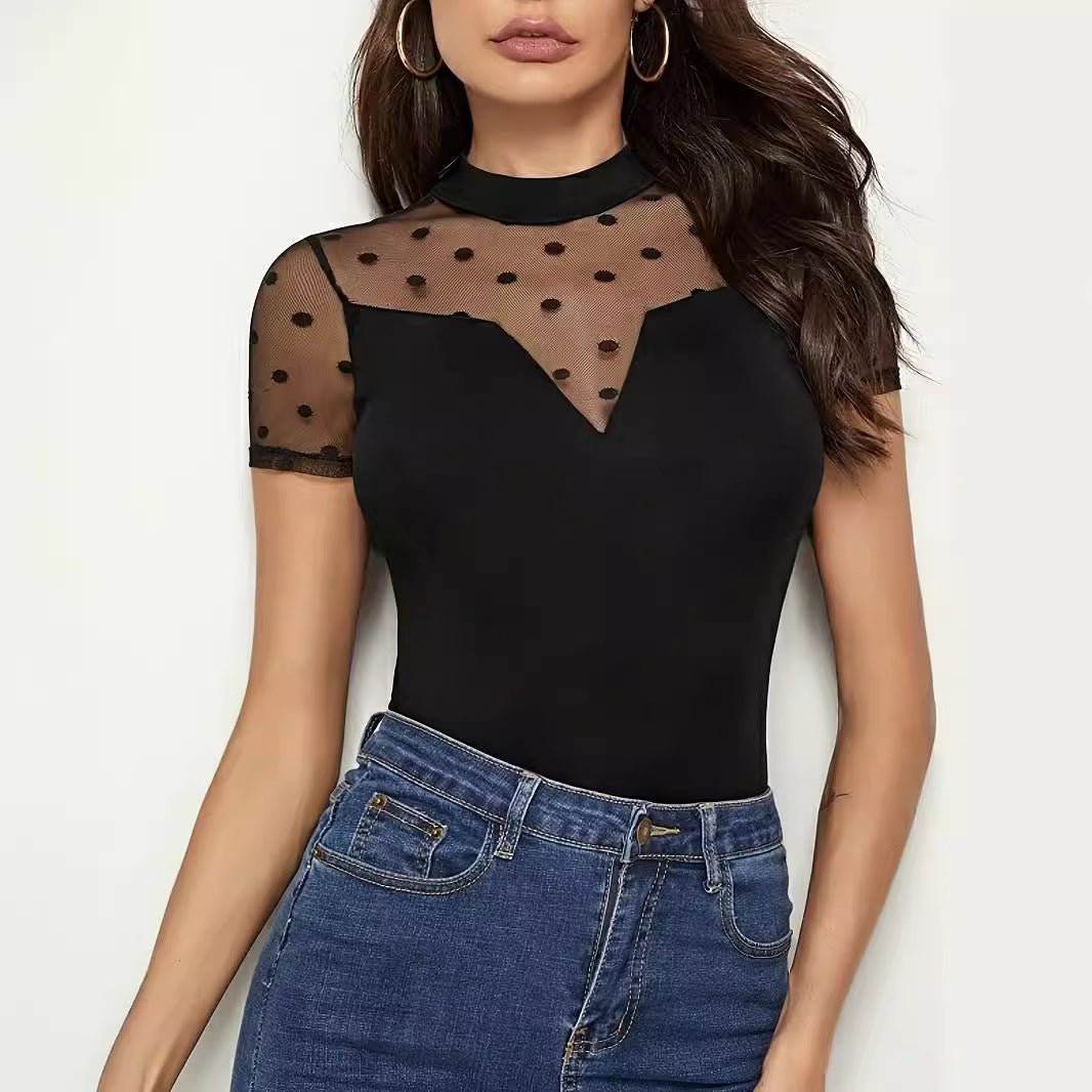 Mesh splicing small stand - up collar short - sleeved new T-shirt slim tops for women - Negative Apparel