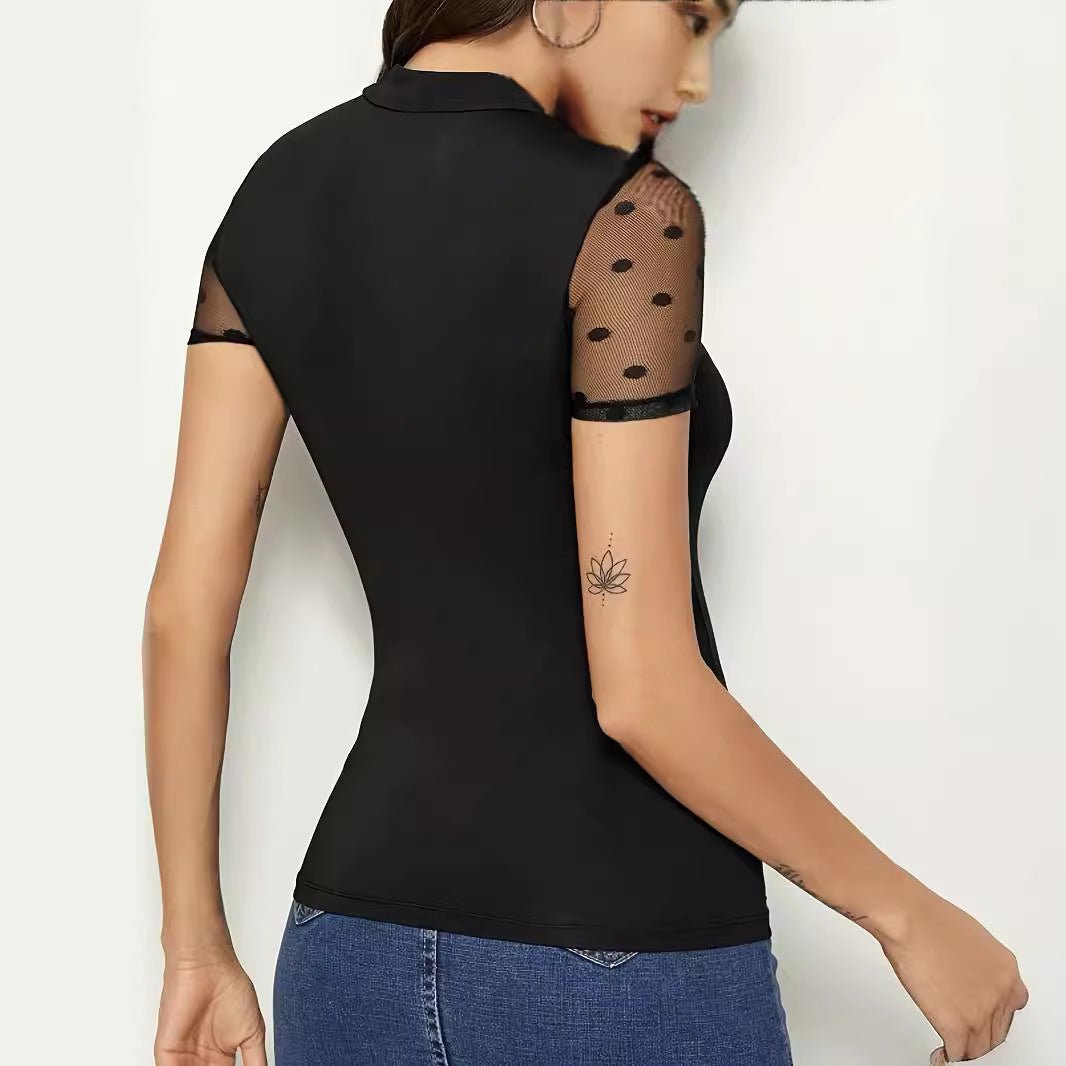 Mesh splicing small stand - up collar short - sleeved new T-shirt slim tops for women - Negative Apparel