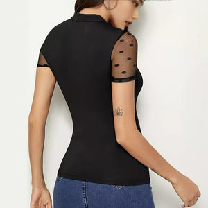 Mesh splicing small stand - up collar short - sleeved new T-shirt slim tops for women - Negative Apparel