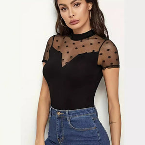 Mesh splicing small stand - up collar short - sleeved new T-shirt slim tops for women - Negative Apparel
