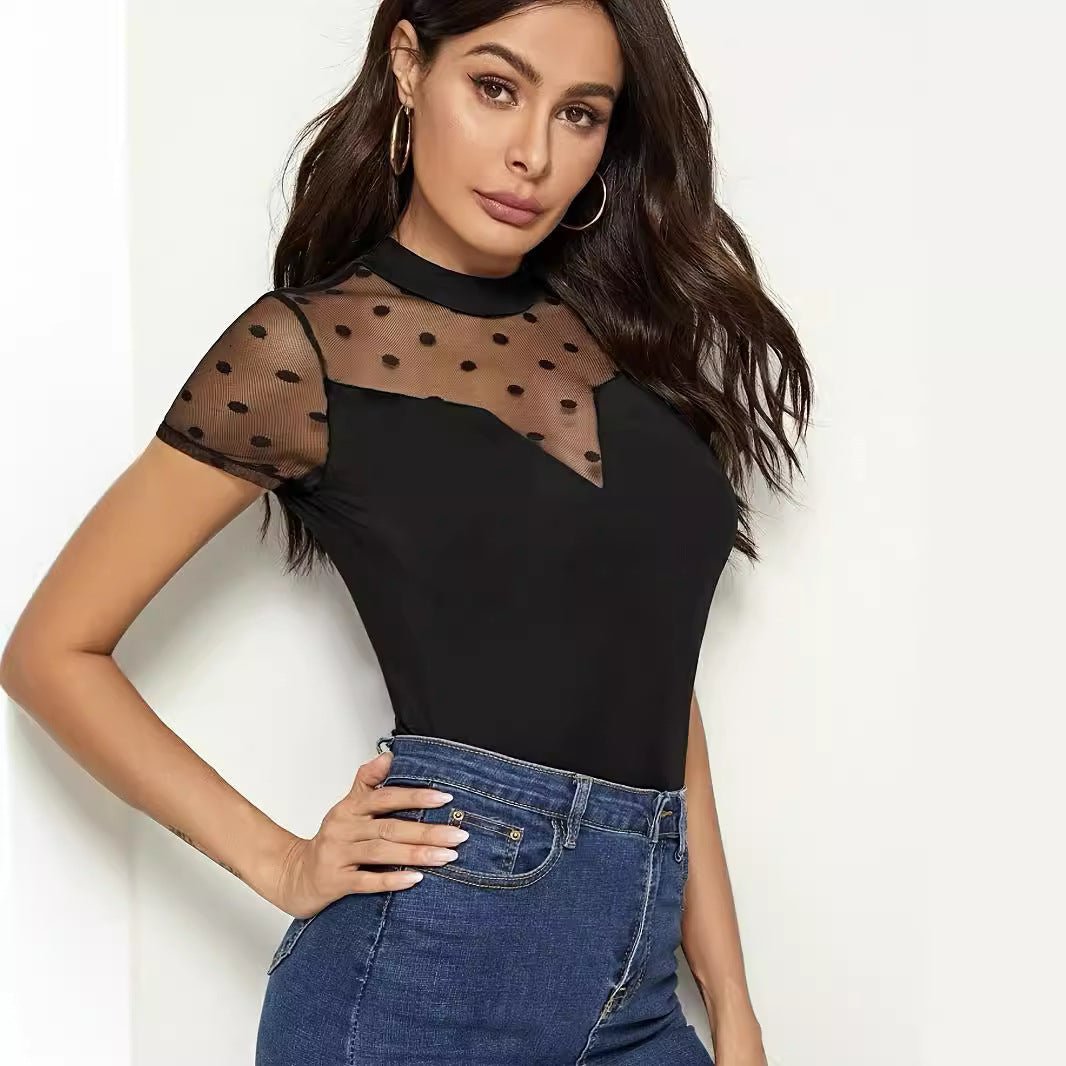 Mesh splicing small stand - up collar short - sleeved new T-shirt slim tops for women - Negative Apparel