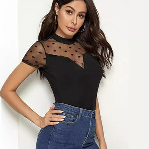 Mesh splicing small stand - up collar short - sleeved new T-shirt slim tops for women - Negative Apparel