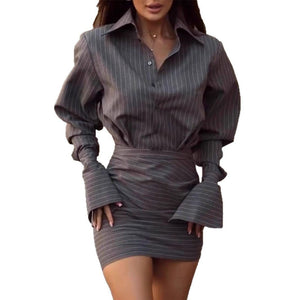 Metro Muse | Striped Long - Sleeve Buttoned Skirt Set - Negative Apparel