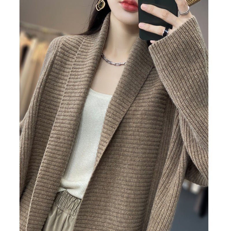 Mid - length lazy style knitted cardigan loose design lapel thickened solid color sweater - Negative Apparel