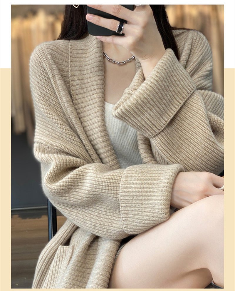 Mid - length lazy style knitted cardigan loose design lapel thickened solid color sweater - Negative Apparel