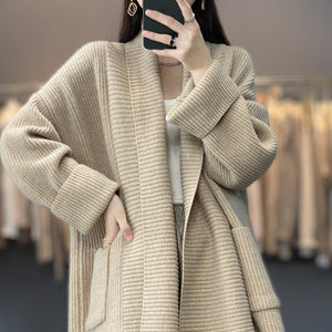 Mid - length lazy style knitted cardigan loose design lapel thickened solid color sweater - Negative Apparel