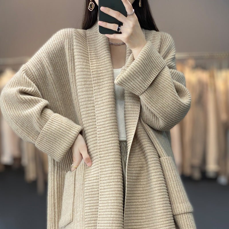 Mid - length lazy style knitted cardigan loose design lapel thickened solid color sweater - Negative Apparel