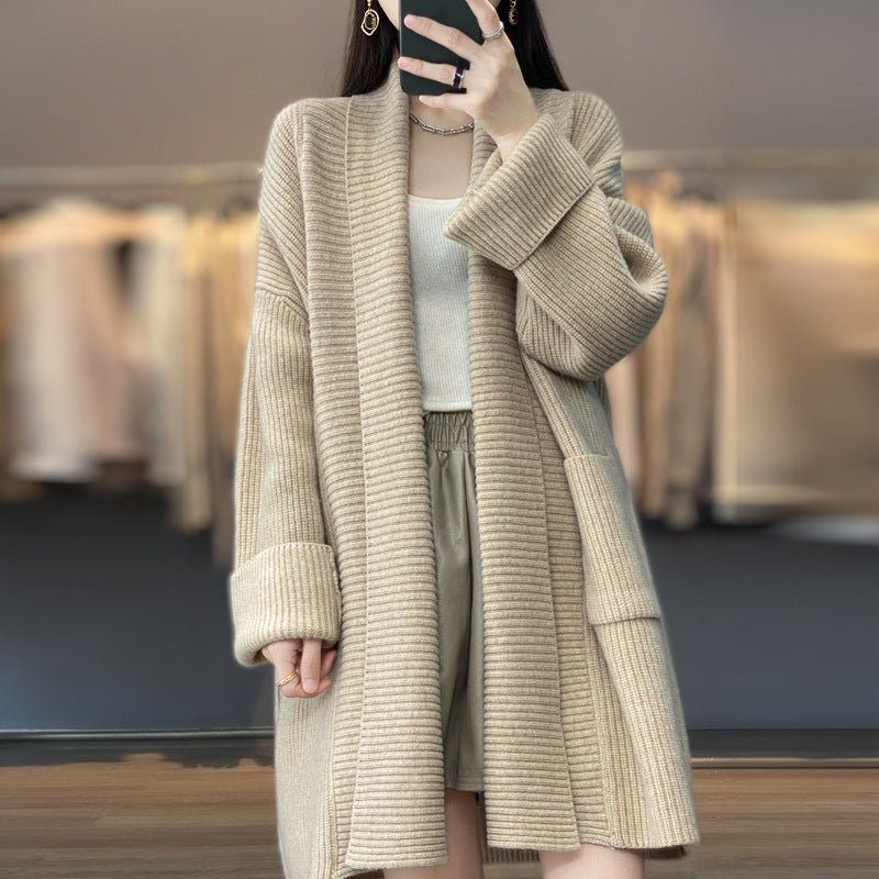 Mid - length lazy style knitted cardigan loose design lapel thickened solid color sweater - Negative Apparel