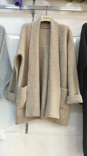 Mid - length lazy style knitted cardigan loose design lapel thickened solid color sweater - Negative Apparel