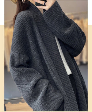 Mid - length lazy style knitted cardigan loose design lapel thickened solid color sweater - Negative Apparel