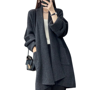 Mid - length lazy style knitted cardigan loose design lapel thickened solid color sweater - Negative Apparel