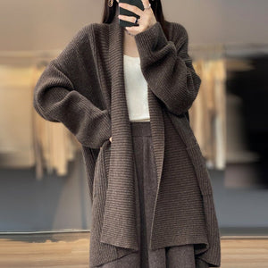 Mid - length lazy style knitted cardigan loose design lapel thickened solid color sweater - Negative Apparel