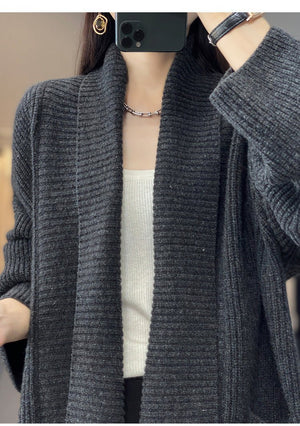 Mid - length lazy style knitted cardigan loose design lapel thickened solid color sweater - Negative Apparel