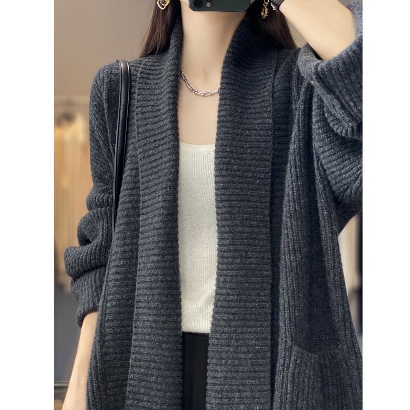 Mid - length lazy style knitted cardigan loose design lapel thickened solid color sweater - Negative Apparel