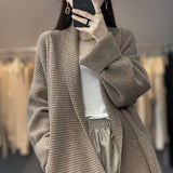 Mid - length lazy style knitted cardigan loose design lapel thickened solid color sweater - Negative Apparel