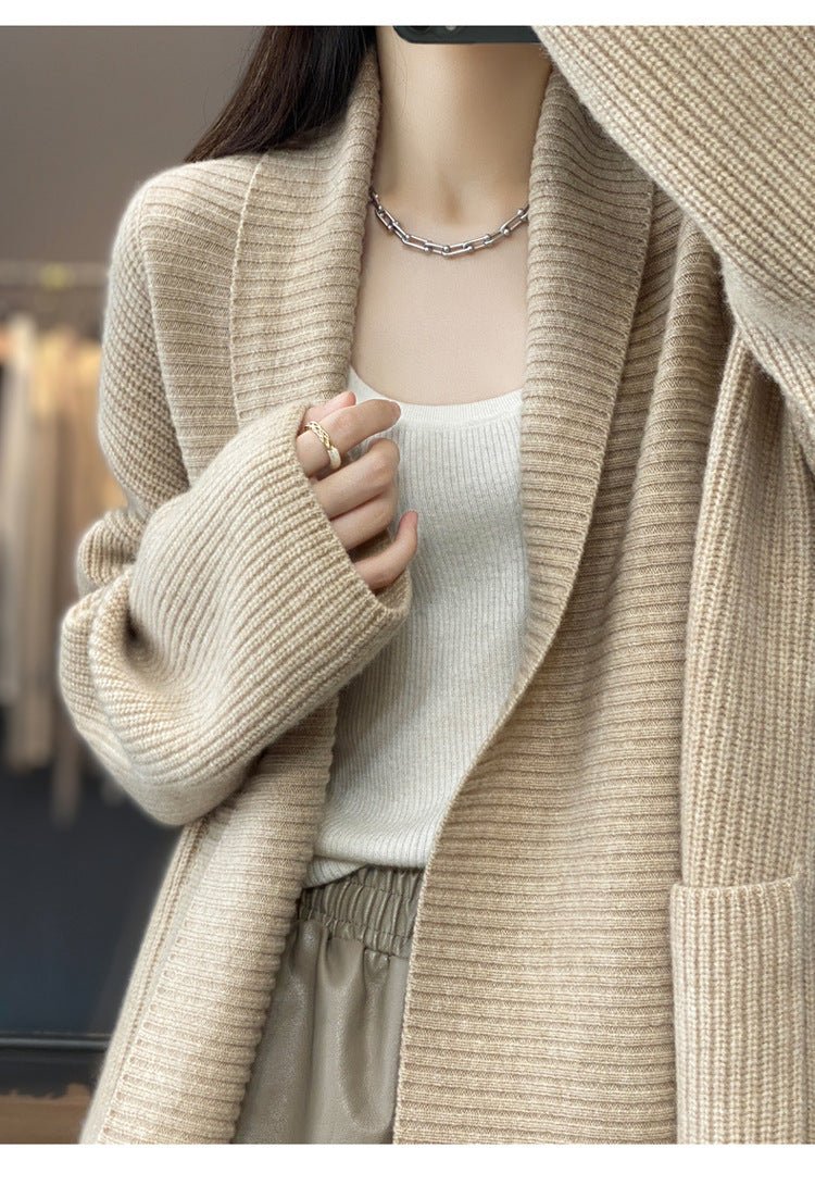 Mid - length lazy style knitted cardigan loose design lapel thickened solid color sweater - Negative Apparel