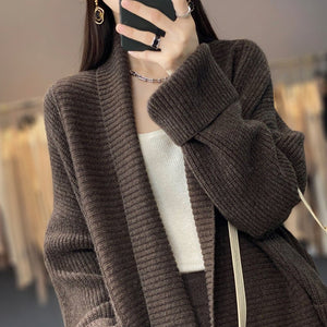 Mid - length lazy style knitted cardigan loose design lapel thickened solid color sweater - Negative Apparel