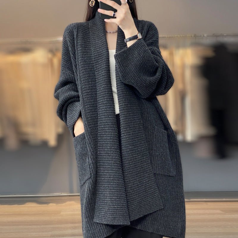 Mid - length lazy style knitted cardigan loose design lapel thickened solid color sweater - Negative Apparel