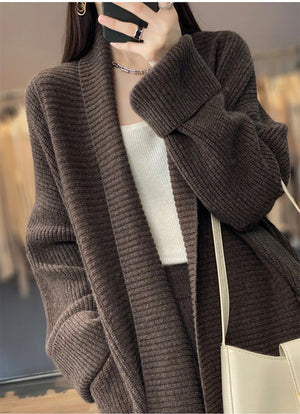 Mid - length lazy style knitted cardigan loose design lapel thickened solid color sweater - Negative Apparel