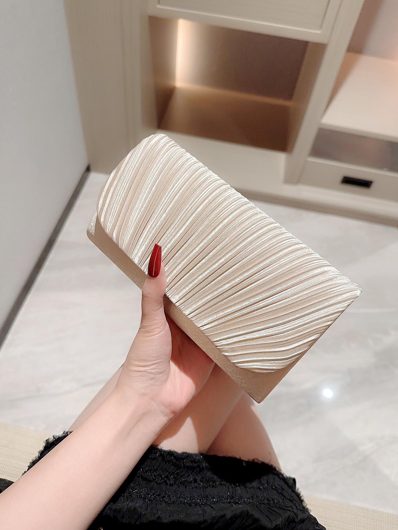 Mini Envelope Bag Ruched Detail Fashionable For Party Pleated Metal Chain Flap Clutch, Elegant Textured Party Purse, Classic Banquet Dinner Evening Bag - Negative Apparel